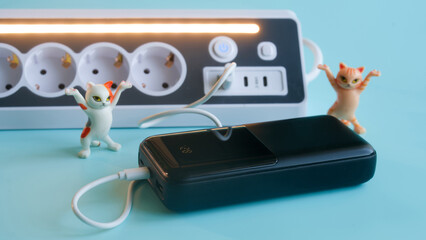 External battery pack connected to a multi socket block with built-in charger. Funny plastic kittens dancing next to electrical equipment on turquoise surface. Photo