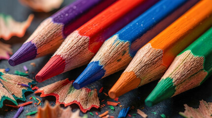 A macro photograph of the tips of purple, red, blue, orange, and green pencils. Close-up of the dark surface with textured wood fragments and a soft depth of field.