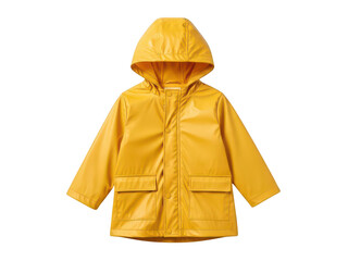 Bright Yellow Childs Waterproof Raincoat with Hood and Front Pockets on Black Background