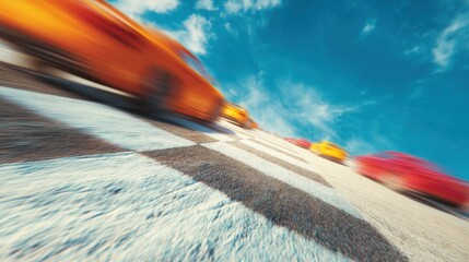 Cars race on a track under a clear blue sky
