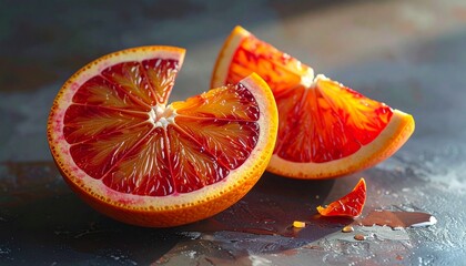 Blood oranges sliced on dark surface with juice dripping