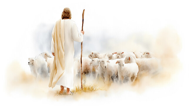 Shepherd Jesus Christ Taking Care of Sheep Watercolor Illustration Isolated on White Background