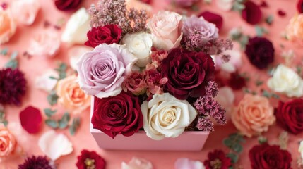 Roses and mixed flowers arranged in a box on a pink background