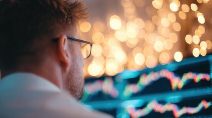 Man looks at financial charts with bright lights in background during night