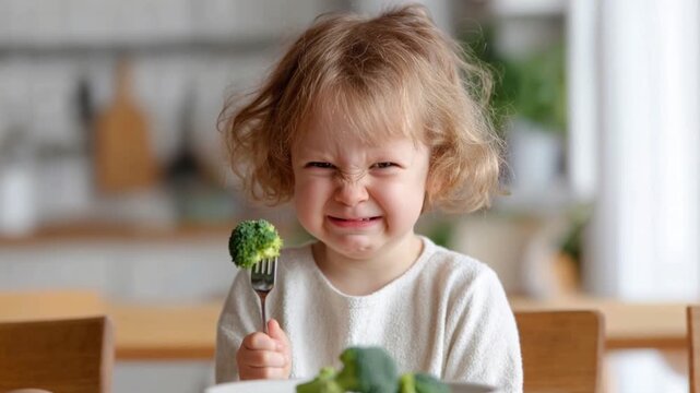Angry Little Girl Refusing to Eat Broccoli
