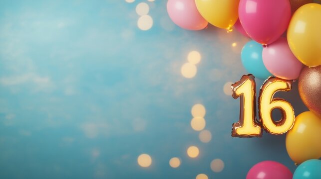 Colorful balloons and bright lights create a festive atmosphere for a 16th birthday celebration, evoking joy and excitement
