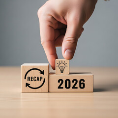 Strategic Planning for 2026 Hand placing lightbulb idea block on 'recap' for innovative solutions, future growth, and business success