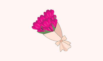 Bouquet of pink tulips wrapped in paper with a bow