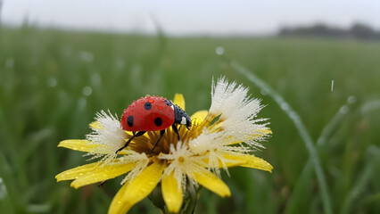 Obraz premium Ladybug on yellow flower in green meadow.