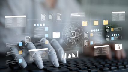 A robotic hand interacts with a keyboard surrounded by a transparent display showing artificial intelligence concepts, analytics, and data visualization in a futuristic office environment. Gantry