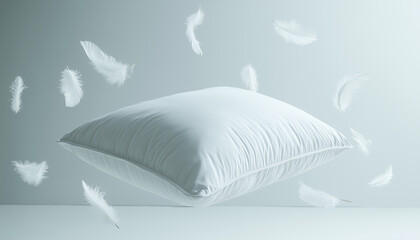 Soft white pillow with falling feathers floats gently. Gentle downy wisps drift in air around cushion. Concept of comfort sleep relaxation and cozy bed textiles.