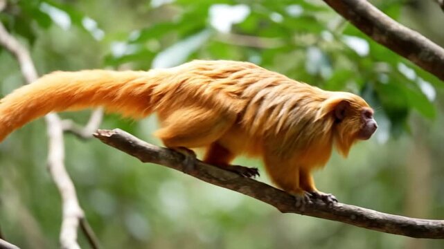 Vibrant orange monkey perched on tree branch in lush forest habitat