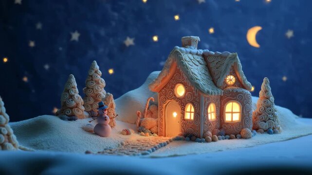 夜の雰囲気、粘土のクリスマスの家が灯りをともす雪の情景