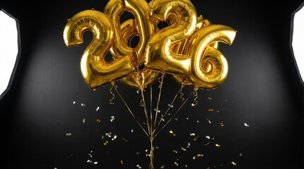 Happy New Year 2026 Celebration with Gold Foil Number Balloons and Festive Confetti on Elegant Black Background