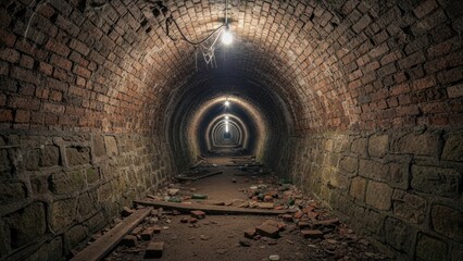 Brick tunnel with overhead lighting leading into darkness abstract architecture