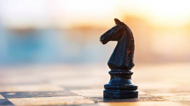 Chess piece stands on board during sunset near blurred background