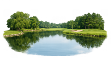 Golf course fairway with a water hazard, green grass, lush trees, and a sand trap under a clear sky. Transparent background