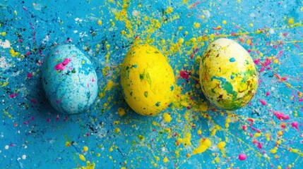 Brightly colored eggs on blue surface with paint splatters during spring