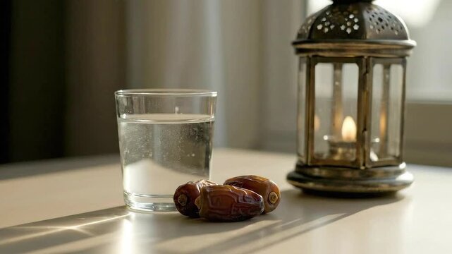 Glass of water and dates with lantern, simple and symbolic, fasting reminder concept on table with sunlight