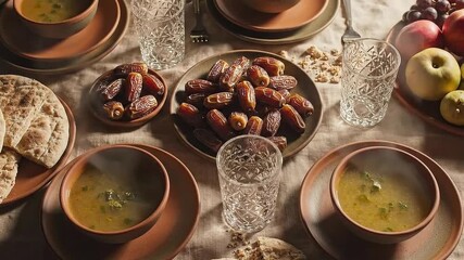 Steaming soup and dates on dining table, warm and inviting, Iftar breaking fast meal against beige linen background