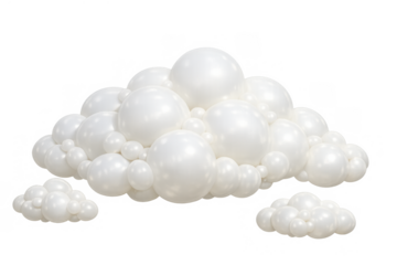 White 3d cloud composition showing puffy, soft shapes with glossy spheres, creating a playful decorative design element on a transparent background