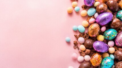 Colorful Easter eggs and candy spread on a pink surface during Easter holiday