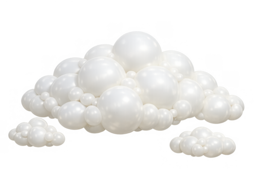White 3d cloud composition showing puffy, soft shapes with glossy spheres, creating a playful decorative design element on a transparent background - Powered by Adobe