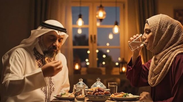Muslim couple breaking fast with dates and water, joyful and grateful, Iftar dinner celebration against warm indoor background