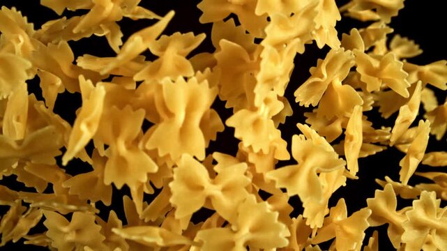 Super slow motion flying dry farfalle pasta . Filmed on a high-speed camera at 1000 fps. High quality FullHD footage
