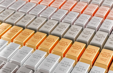 Stacked of gold, silver, platinum, copper, palladium, rhodium, nickel bullion bars. 3D rendering
