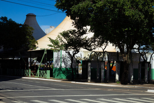 Cena urbana com detalhe do com&eacute;rcio popular na Avenida Parana&iacute;ba visto atrav&eacute;s da vegeta&ccedil;&atilde;o em Goi&acirc;nia, Goi&aacute;s.