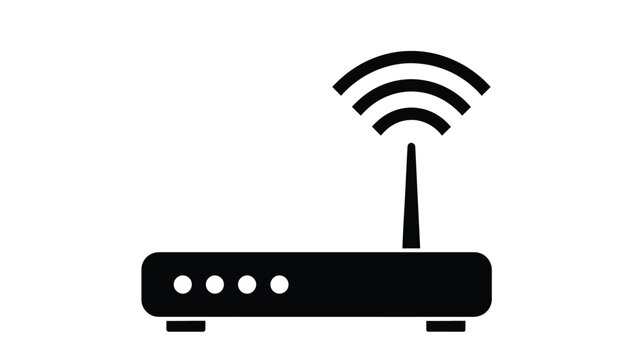 Simple black and white illustration of a wireless router with signal waves above