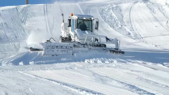 Medium shot of a snowcat smoothing a ski slope with fresh snow during a clear winter day highlighting machinery precision and grooming patterns.