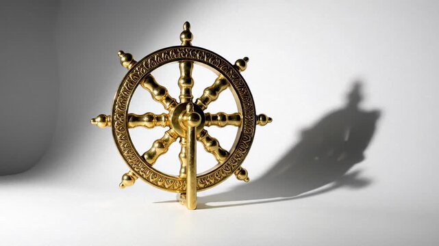 Ornate Golden Dharma Wheel Symbol of Buddhism casting a Long Shadow on a Textured White Surface with Dramatic Side Lighting