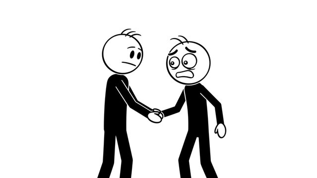 Stick Men Shaking Hands with Mixed Emotions, One Happy and One Worried, on Isolated White Background