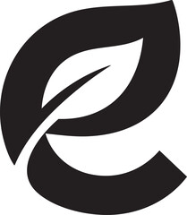 black, filled and minimalist logo, a leaf mixed with a letter e, white background