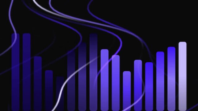 Abstract Blue Bar Chart with Flowing Lines on Black Background.