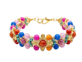 Handcrafted Gold Wire Wrapped Bracelet with Multicolored Glass Beads and Swirl Patterns
