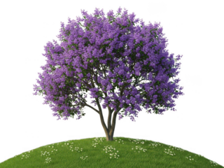 Large Blooming Purple Flowering Tree Against Black Night Background Illuminated
