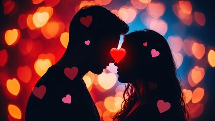 Abstract romantic couple kiss with hearts overlay for Valentine day celebration