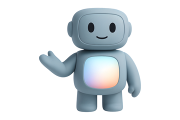 A friendly, light blue robot character with a screen on its chest waves hello isolated on transparent background