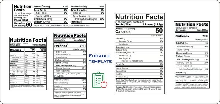 Nutrition Facts, Supplement facts, Nutrition facts template, Editable Templates, Vector Template