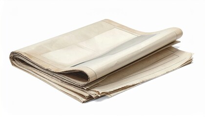 Folded vintage newspaper with aged paper texture isolated on plain white background with soft shadows. Concept of news and traditional media
