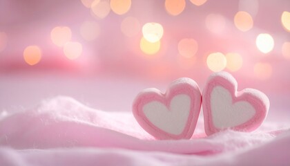 Two pink and white heart shaped marshmallows resting on soft pink fluffy fabric against blurred light background with bokeh. Concept of sweetness and tenderness