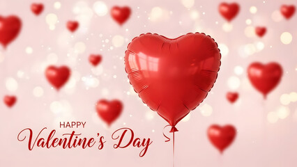 Floating red heart balloons with valentine's day text on a soft pink background