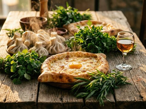 Georgian Feast: Traditional Khachapuri and Khinkali with Fresh Herbs and Chacha.