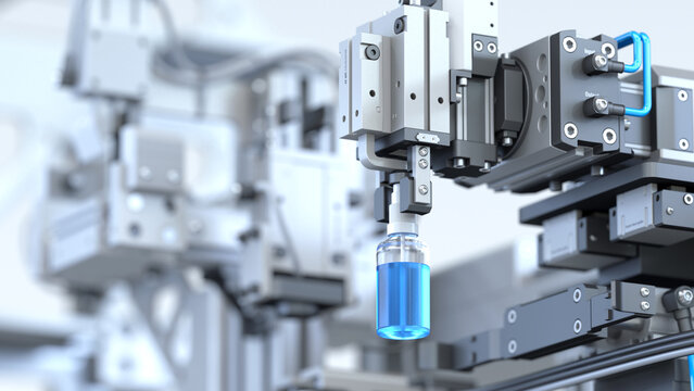 Robotic arm with gripper holding glass vial in automated line 3d render. Cleanroom with background machinery for pharmaceutical, cosmetic or chemical industry packaging