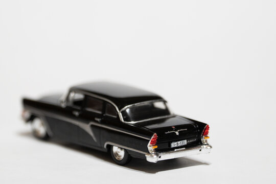 Bucharest Romania 10 January 2026.GAZ-13 Chaika classic Soviet luxury car scale model isolated on white background. Detailed miniature replica featuring elegant vintage design, chrome accents, and ico