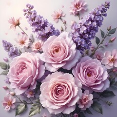 Beautiful bouquet of pink roses and purple flowers in soft light