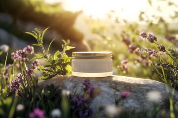 Eco cosmetic bottle in meadow with floral background